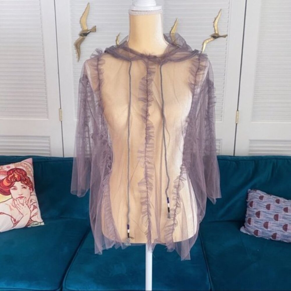 POL | Festival 3/4 Wide Sleeve Sheer Mesh Top Ruffle Hood Tassel Lavender Small - Picture 3 of 15